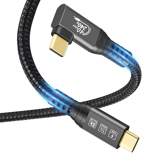 CHENLENIC USB4 Cable, with Thunderbolt 4 Cable, 240W Charging, 40 Gbps Data, 8K @ 60Hz HDR, USB C to USB C, 90Degree for Hub, Dock MacBook, M2, M3, Mac SSD (90Degree USB4 40G 240W 1M)