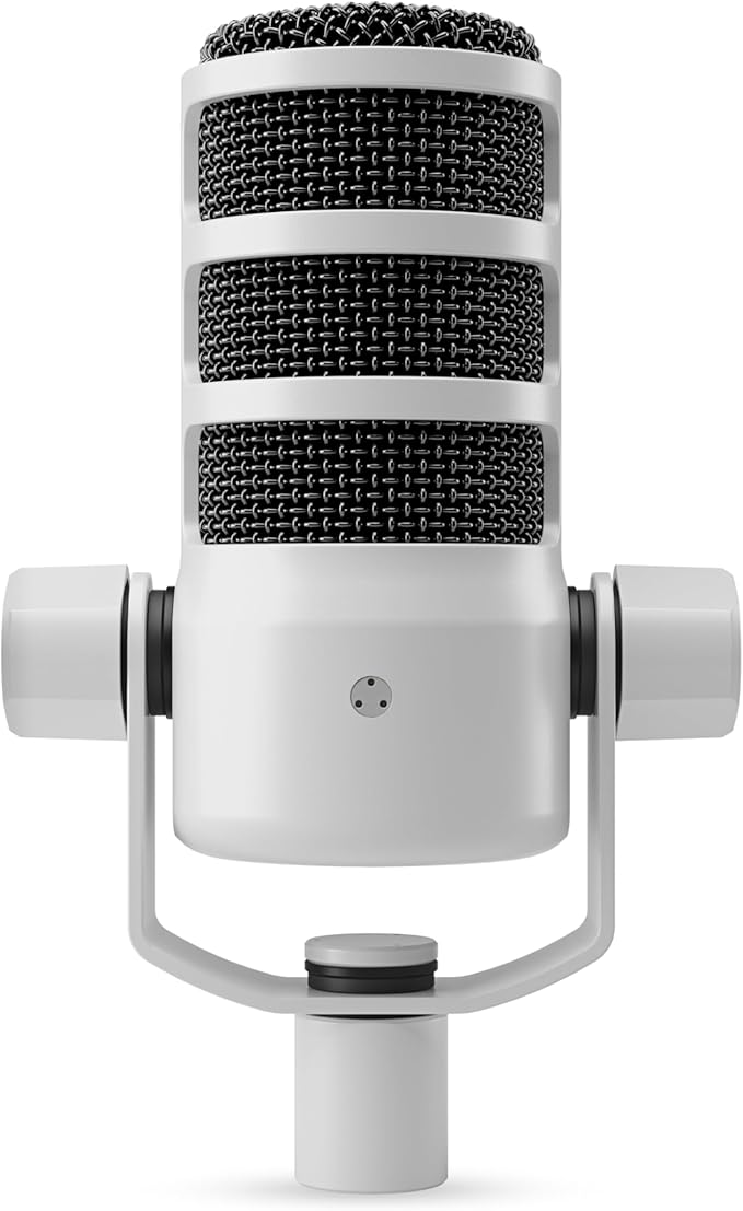 Rode PodMic White (Pair) Cardioid Dynamic Broadcast Microphones with 2X On-Stage MS7701B Boom Microphone Stands and 2X XLR Cables