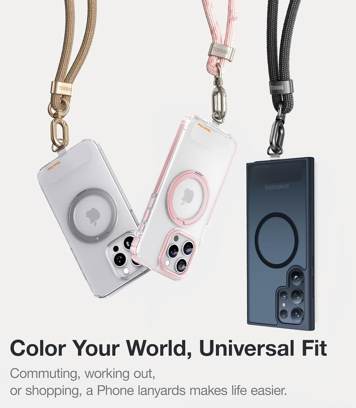 TORRAS Phone Lanyard Crossbody with 2 Phone Tabs, Adjustable Anti Theft Phone Strap for All Phones, Premium Metal Buckles, Skin-Friendly, Universal Cell Phone Neck lanyard for Travel Essentials, Black
