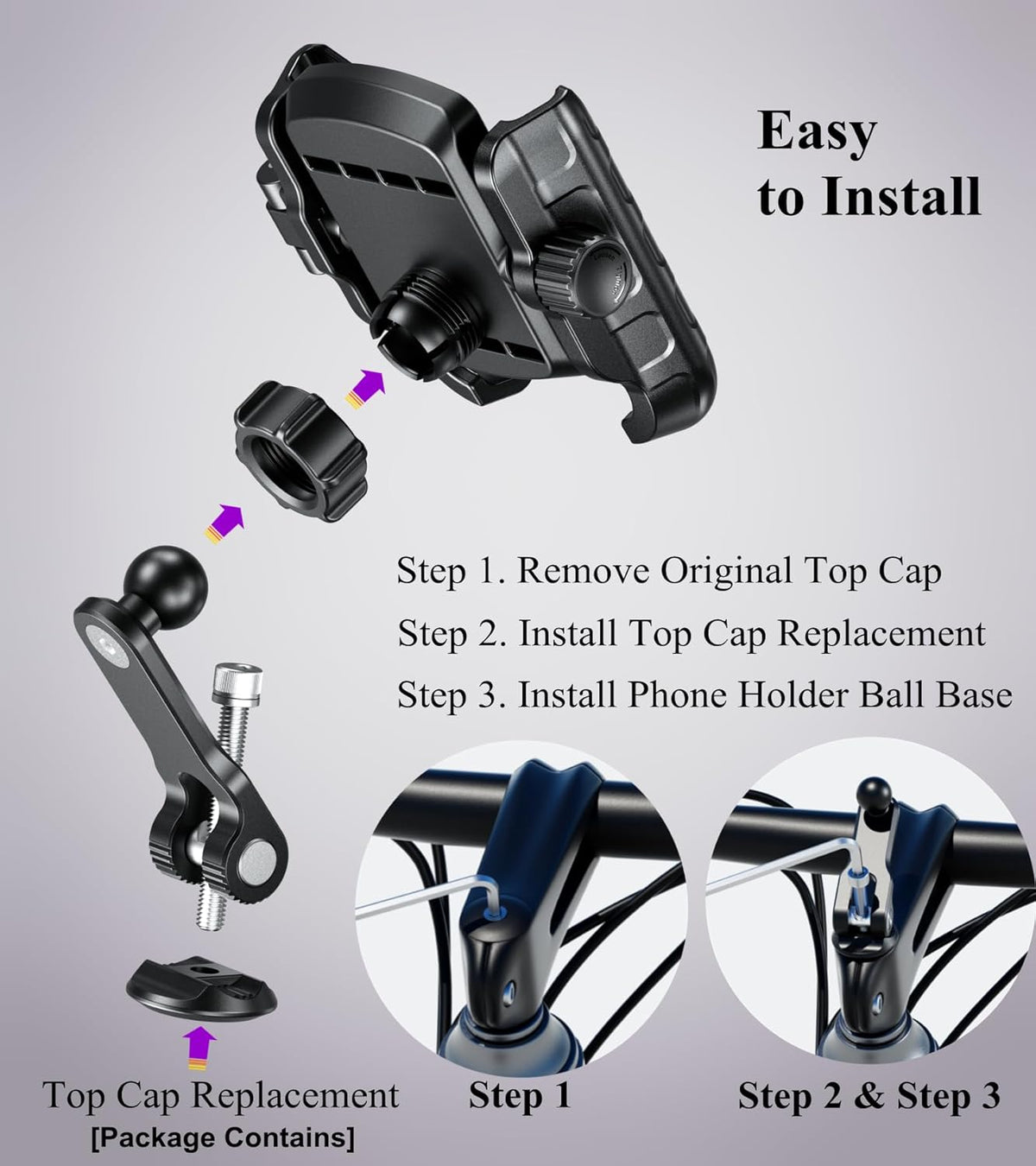 BRCOVAN Bike Fork Stem Phone Mount Holder [Camera Friendly] [1s Lock & Release] Adjustable Bicycle Headset Top Cap Cellphone Cradle with Solid Aluminum Mounting Base Fit 5.4'' - 7.2" Smartphones