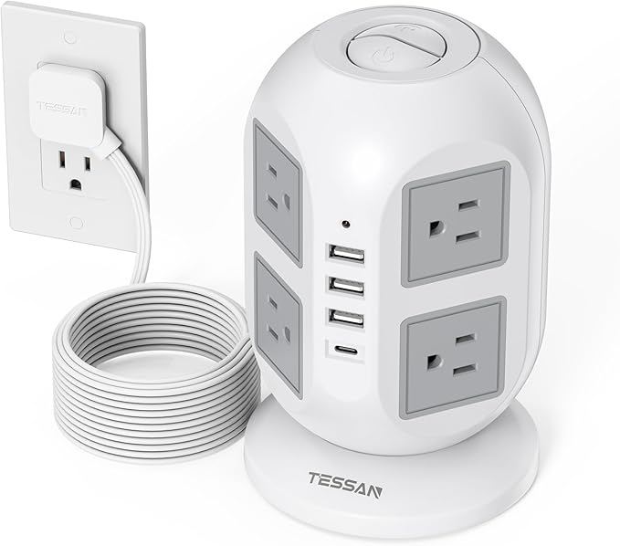 TESSAN Tower Power Strip 10 ft, Long Flat Extension Cord，Multiple Outlets