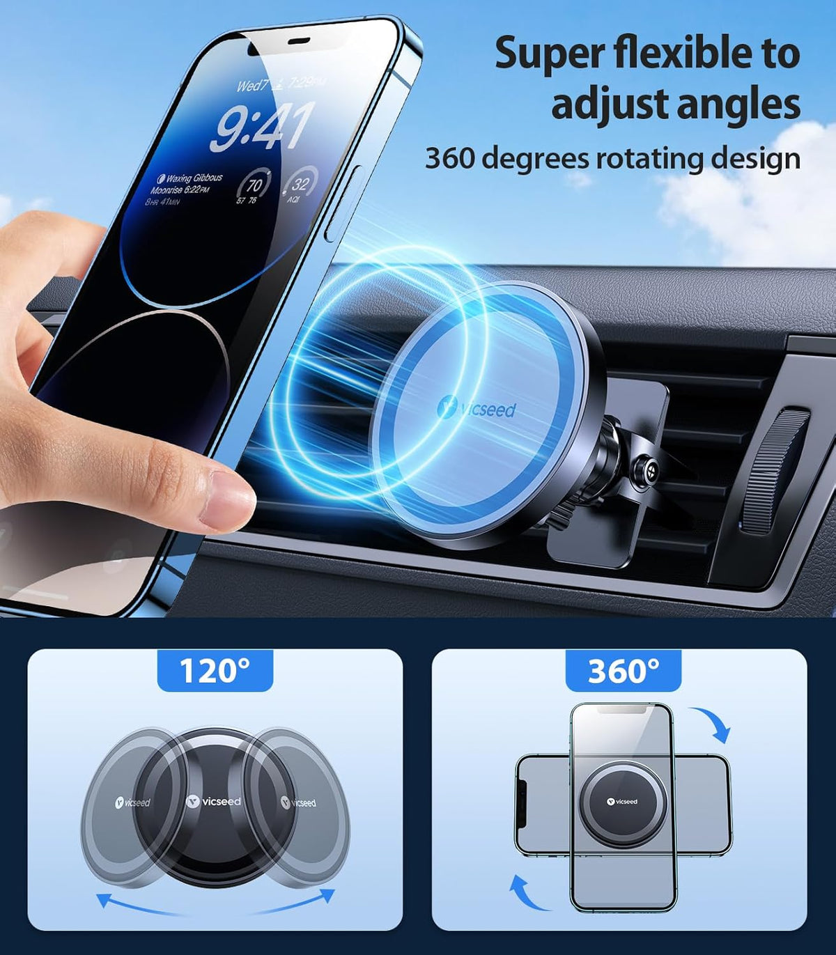 VICSEED for MagSafe Car Mount [Upgraded Strongest Magnet Power] Magnetic Phone Holder for Car Vent 360 Adjustable Magnetic Car Phone Holder Mount for iPhone 16 Pro Max 15 14 13 12 Plus Mini, Blue