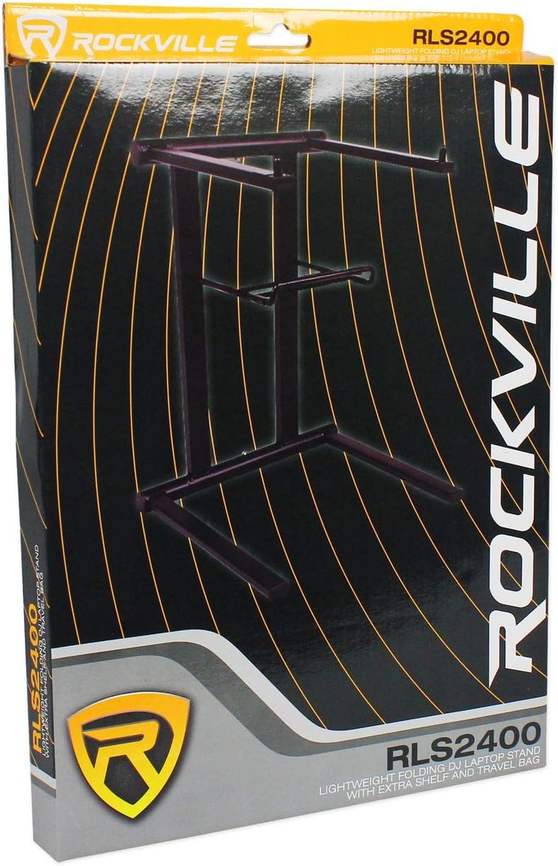 Rockville RLS2400 Lightweight Folding DJ Laptop Stand, Adjustable Height, Extra Shelf, Travel Bag, for DJs and Mobile Performers
