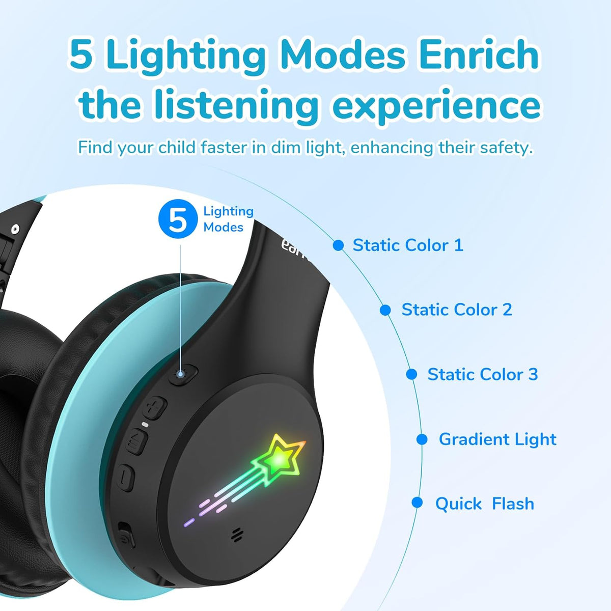 EarFun K4 Kids Bluetooth Headphones, Wireless Headphones with LED Lights, 74/85/94dBA Volume Limited, Built-in Mic, 90H Playtime, Bluetooth 5.4 Over Ear Headphone for iPad/Tablet/School, Dark Black