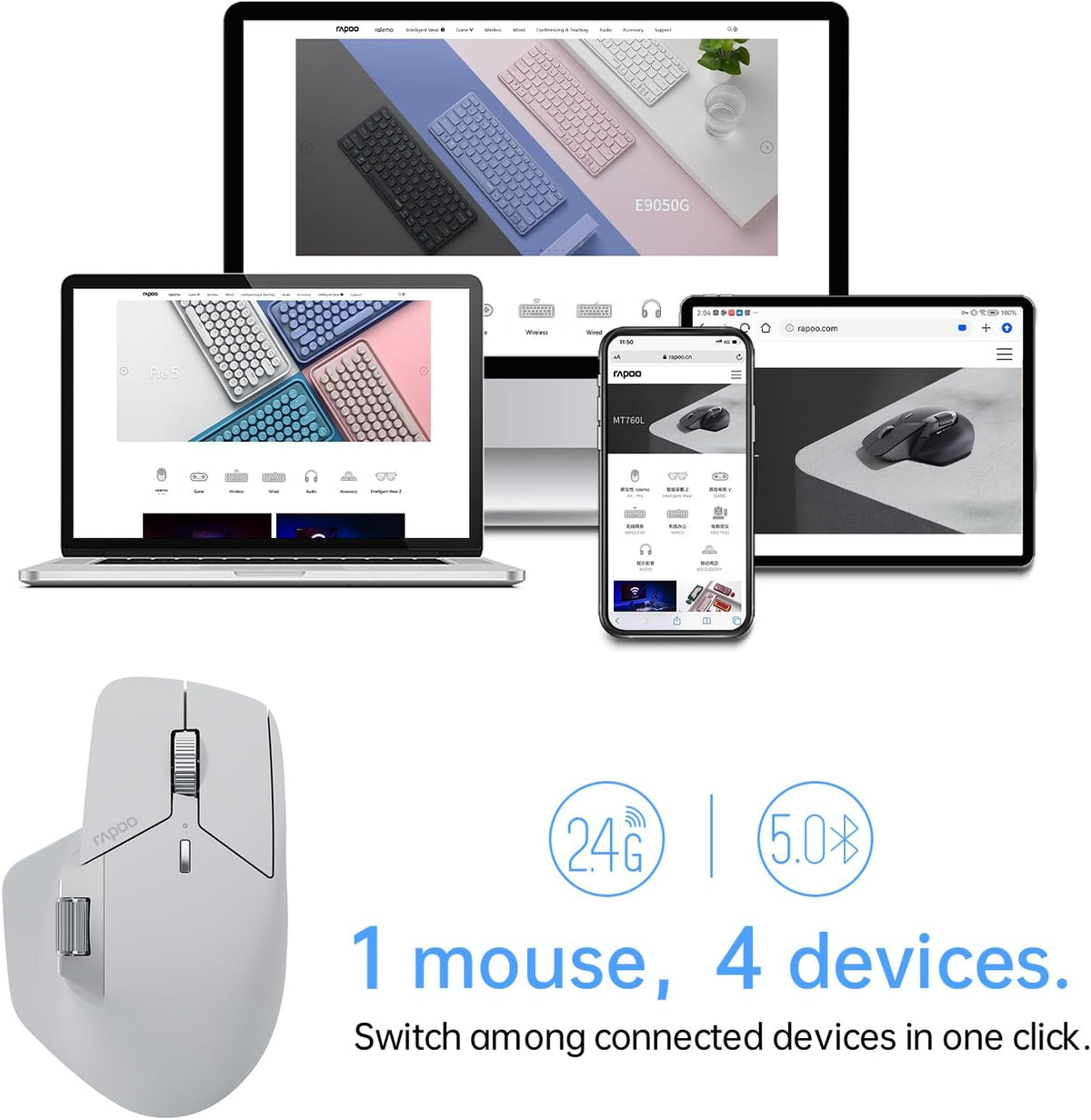 Rapoo MT760 Multi-Device Wireless Mouse, Bluetooth 5.0 and 2.4G Multi-Mode Connection, Up to 4 Devices, 11 Programmable Buttons, 4K DPI, 90 Days Battery Life, PC, Light Grey