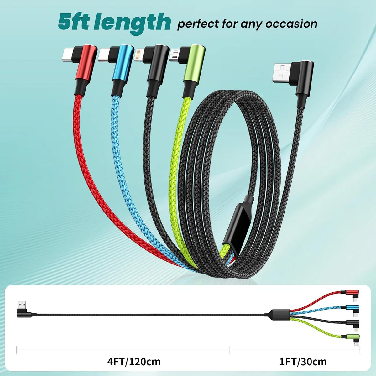 90 [2Pack 5FT], 4 1 Travel Essentials Degree Multi Charging Cable Right Angle in Charging Cable, USB Cable Charging