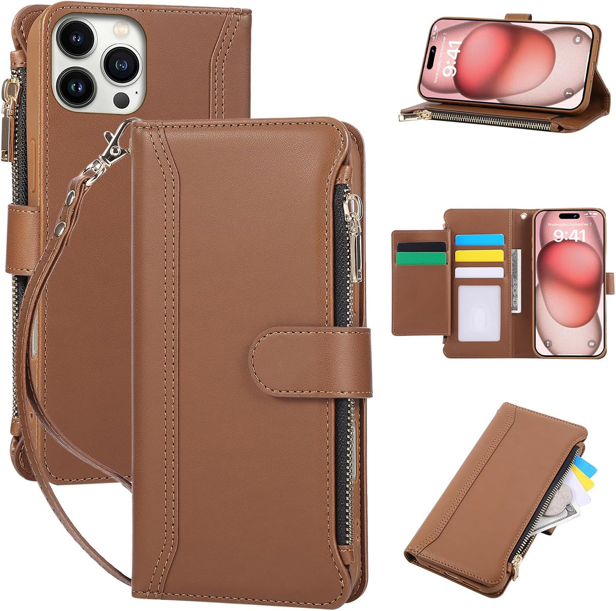 Compatible with iPhone 12 Pro Max Wallet Phone Case-PU Leather Magnetic Flip Cover with Credit Card Slots,Zipper Pocket & Detachable Wrist Strap,Shockproof Design,for Women and Men-Brown