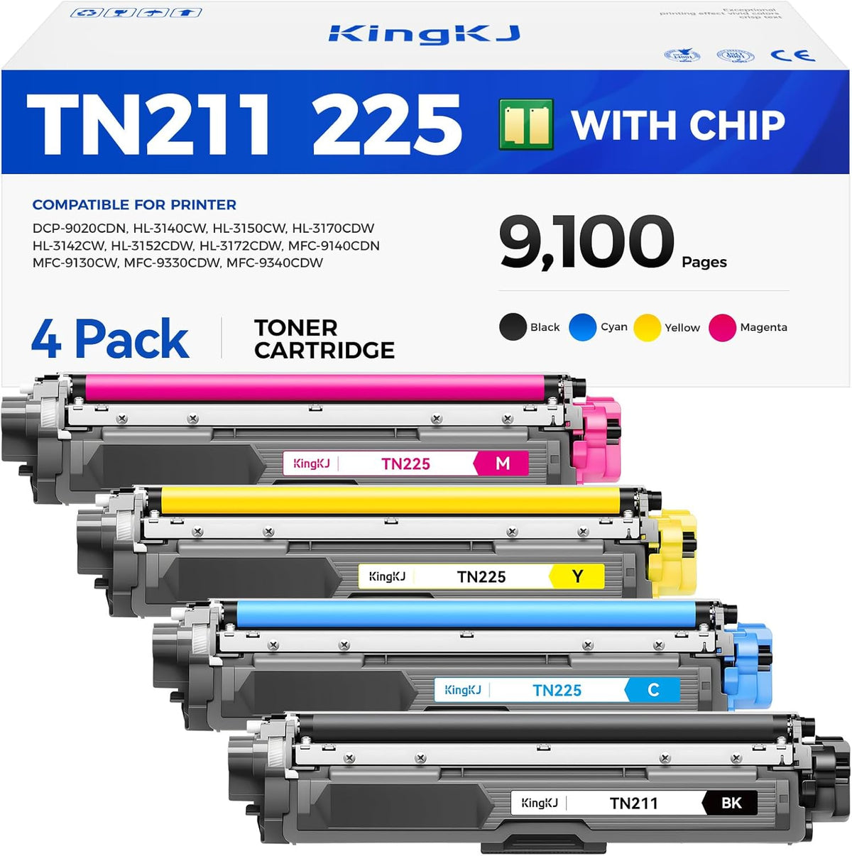 TN221 TN225 Toner Cartridge 4-Pack Black Cyan Yellow Magent Replacement for Brother TN-221 TN-225 to Use with MFC-9130CW HL-3170CDW MFC-9340CDW HL-3140CW 3150CW MFC-9330CDW 9140CDN DCP-9020CDN Printer