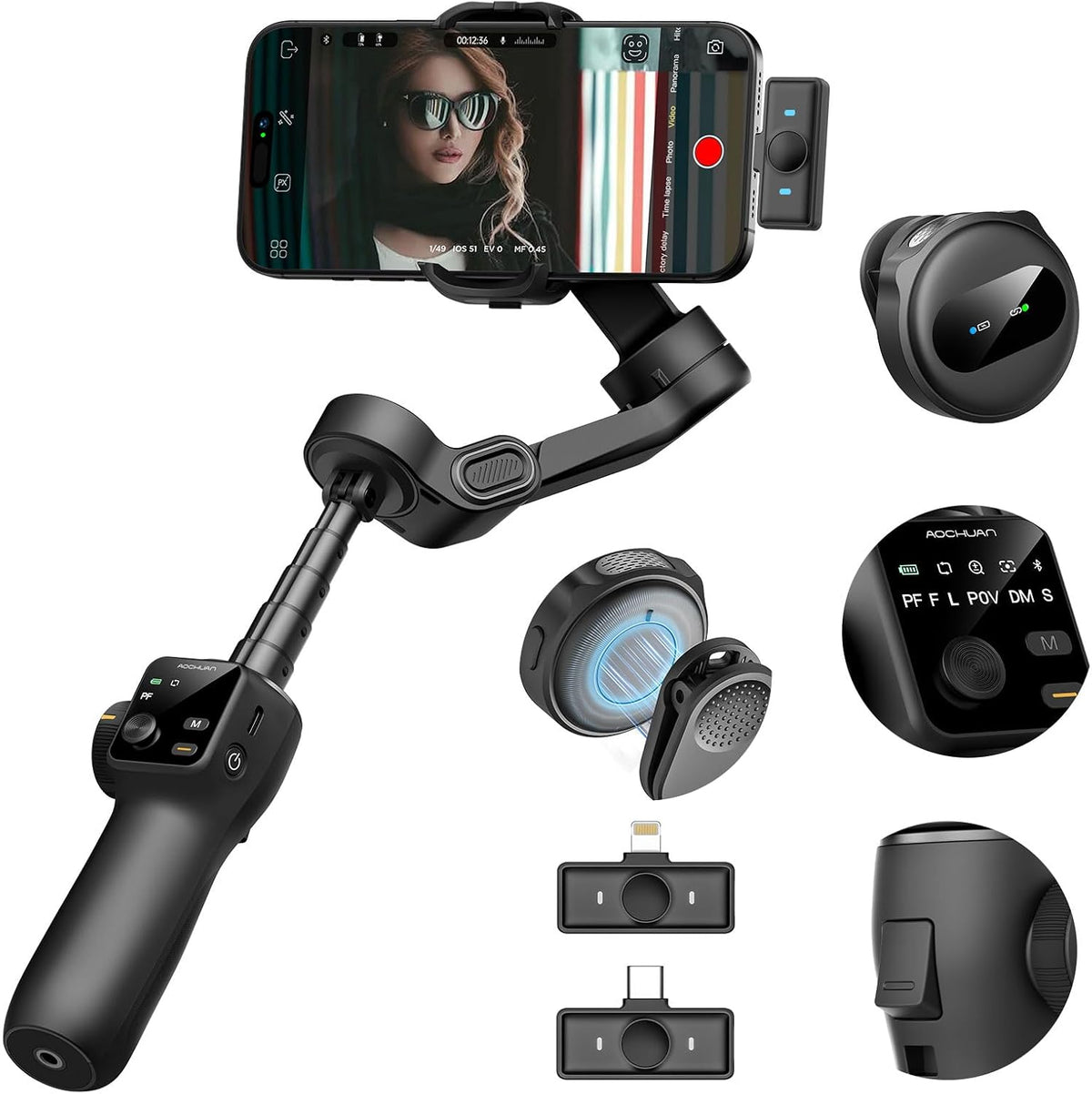 Gimbal Stabilizer for iPhone & Android,3-Axis Phone Gimbal w/Wireless Lavalier Microphone,Built-in 7.8" Extension Pole,OLED Display,Phone Stabilizer for Video Recording TikTok(V8 Mic Kit)