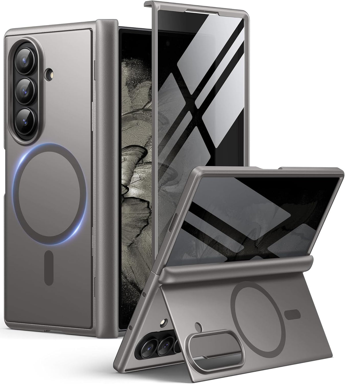 BERFY Magnetic for Samsung Galaxy Z Fold 7 Case with Privacy Screen Protector, [Compatible with MagSafe][Anti Spy] Built-in Hidden Kickstand, Full-Body Shockproof Slim Phone Case for Z Fold 7, Grey