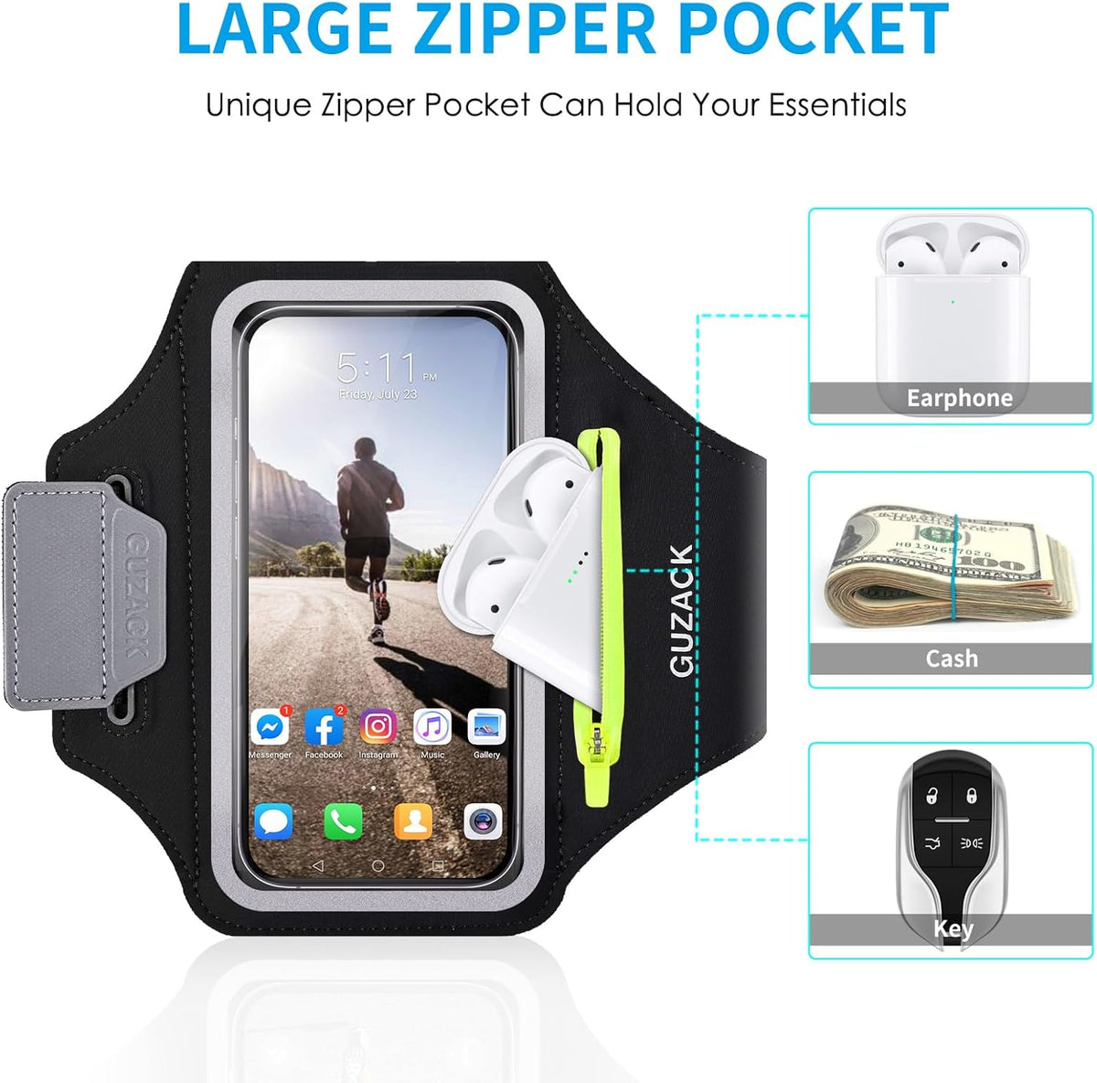 GUZACK Running Armband for iPhone 16 15 14 13 Pro Max, Galaxy S25 S24 S23 S22, with Card Slot & Key Pockets, Sports Arm Bands Phone Holder, Fit Up to 6.9 Inches Phone - Size L (Bigger Arm 14-17 in)