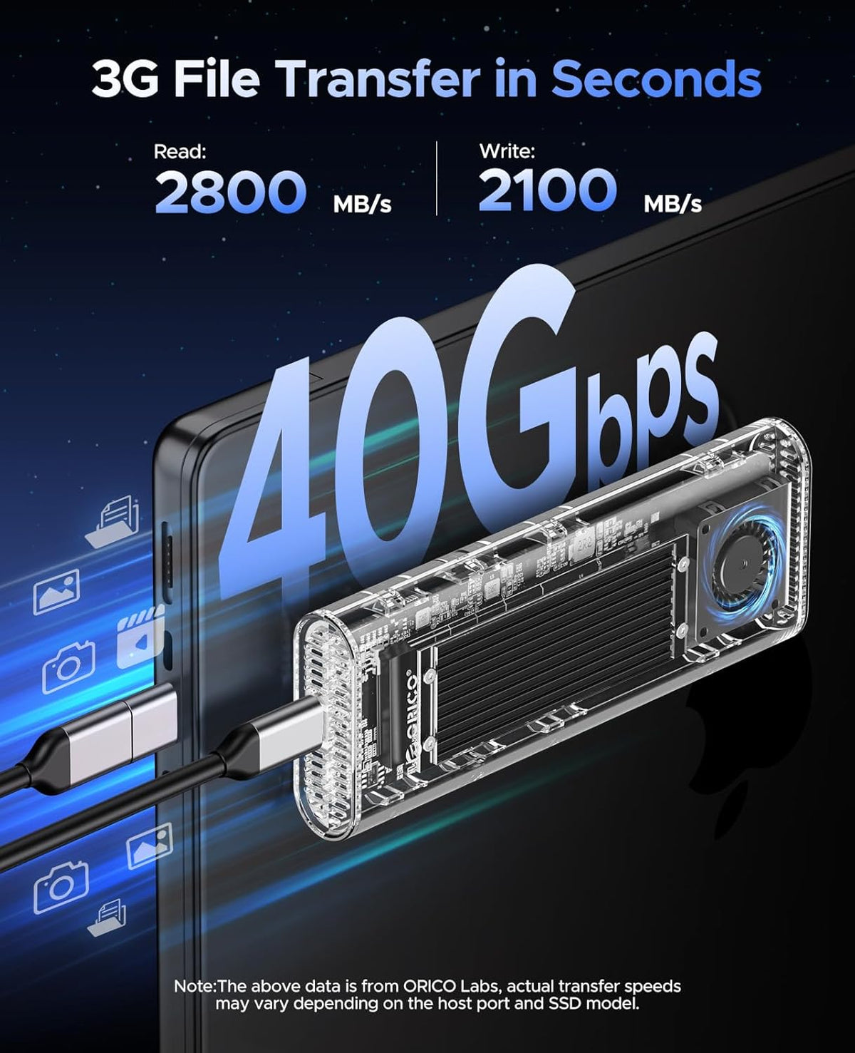 ORICO 40Gbps M.2 NVMe SSD Enclosure with Built-in Cooling Fan, Tool-Free External Hard Drive Enclosure, Support 2230 2242 2260 2280(M Key), Compatible with Thunderbolt 3/4 USB4/3.2/3.1/3.0/2.0-TCM2U4