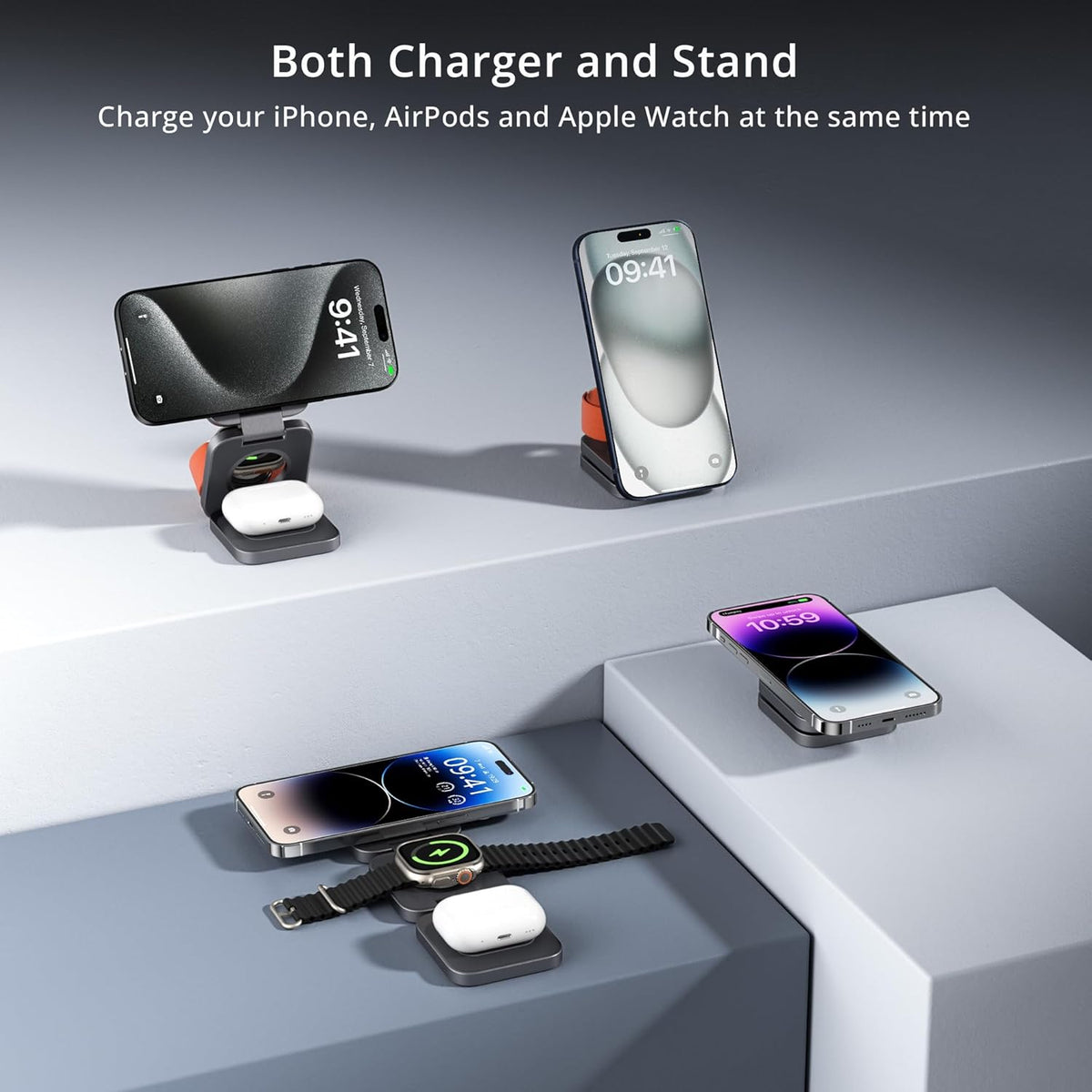 3-in-1 Wireless Charger Stand, LULULOOK 15W Magnetic Charger Wireless Fast Charging Station for iPhone 16/15/14 Series, Aluminum 5W Charger for Apple Watch, AirPods, USB-C Charging Cable Included
