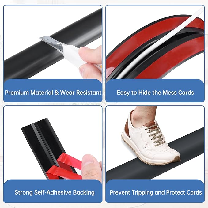 Floor Cord Cover Self Adhesive Cord Hider Floor Extension Cord Covers for Floor Power Cord Protector Cable Management Prevent Cable Trips Cable Cavity 0.47" W x 0.27" H (Black, 20Ft)