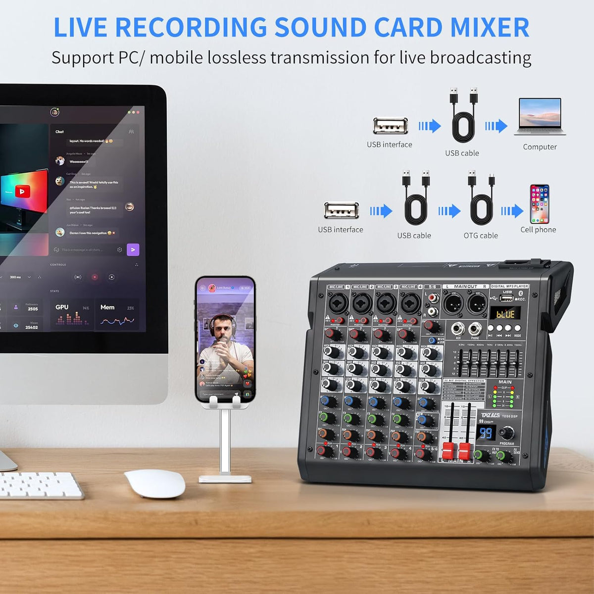 Audio Mixer, 6-Channel Professional DJ Mixer with 99-Bit DSP Effects, 7-Band EQ, 48V Phantom Power, MP3/Computer Input - Studio Audio Mixing Console for Recording & Live Performances