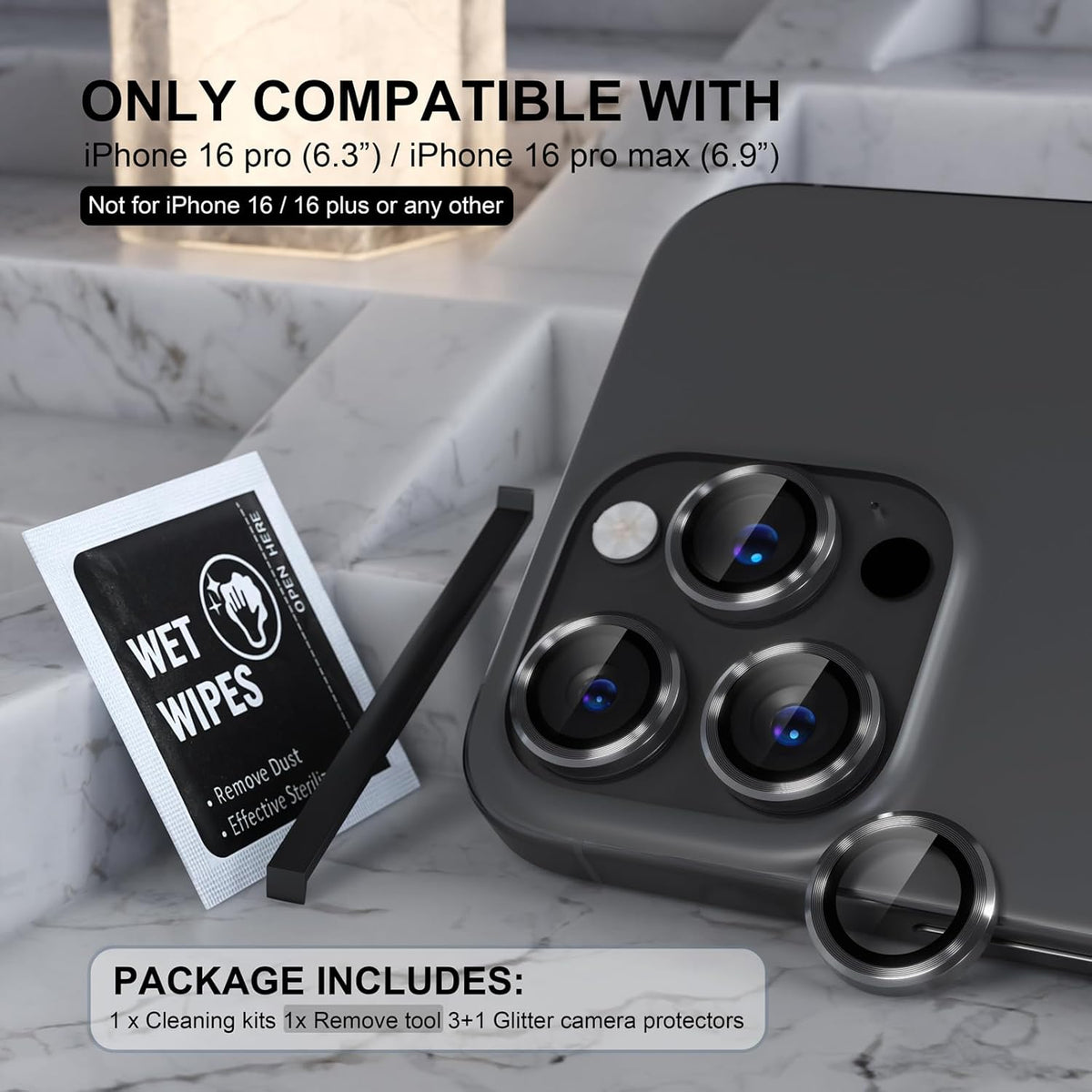 Choiche Compatible for iPhone 16 Pro/iPhone 16 Pro Max Camera Lens Protector, 9H Tempered Glass Camera Cover Screen Protector Metal Ring Decoration Accessories (Black)
