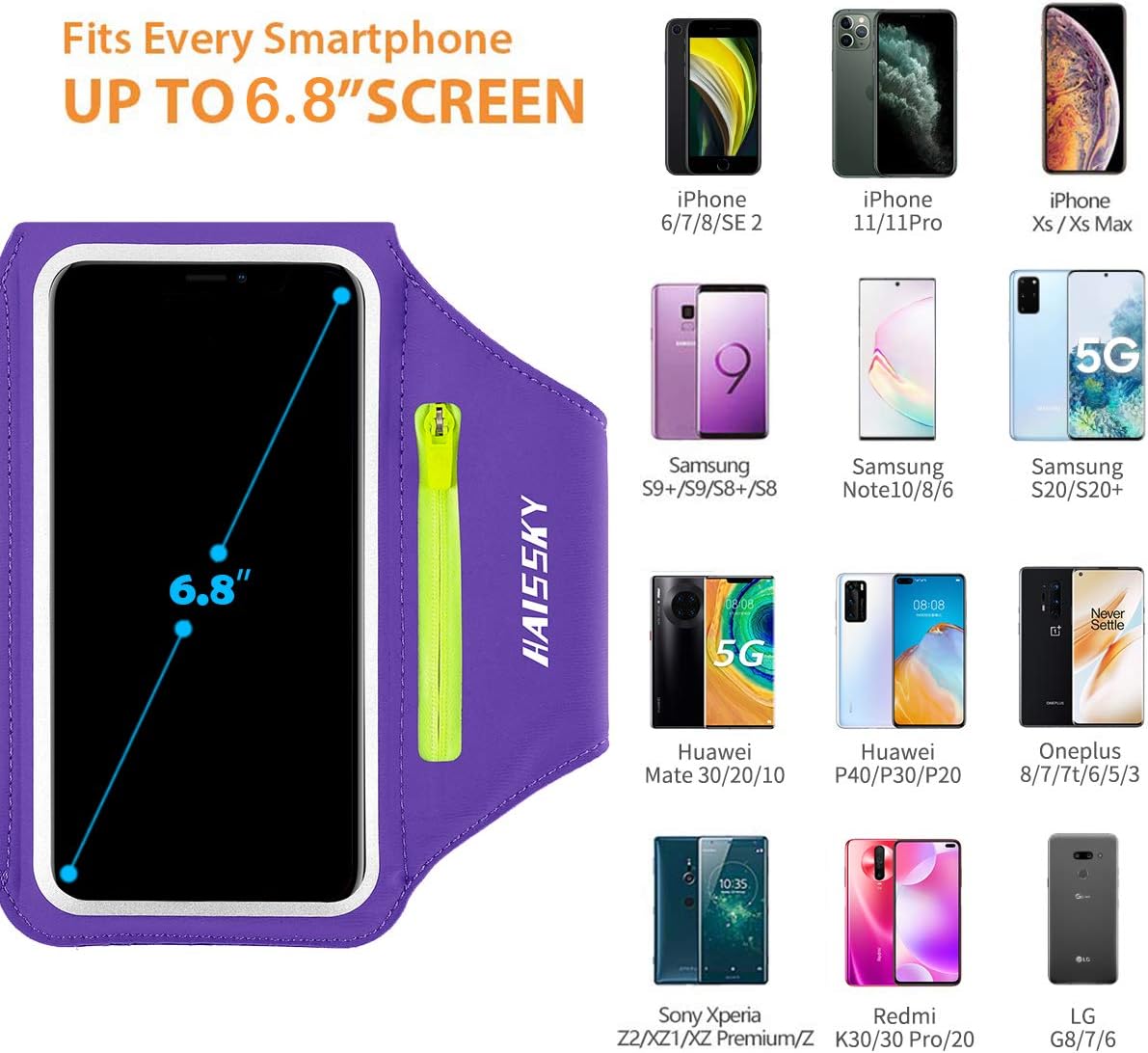 Running Armband with Earphone Bag Cell Phone Armband for iPhone 16 15 Pro 14 Plus 13 11 XR XS, Galaxy S24/S10 Water Resistant Sports Phone Holder Case & Zipper Slot Car Key Holder for 6.7 inch Phone