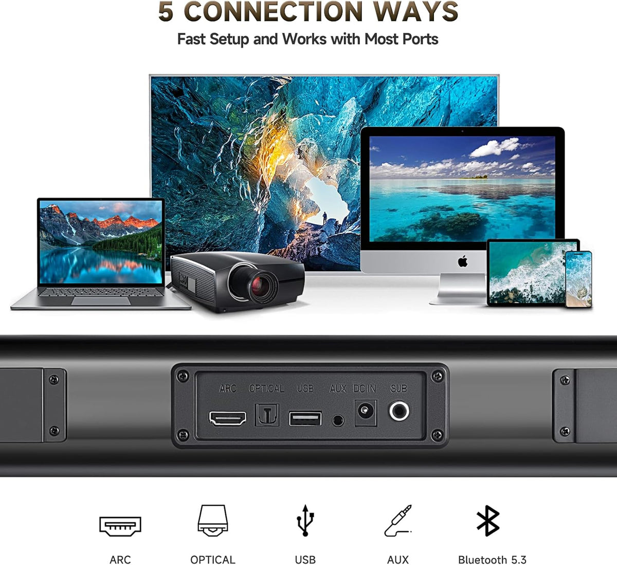Sound Bar Speakers Bluetooth Wireless, TV Speakers Sound Bar Subwoofer, Home Theater Surround Sound Bar HDMI(ARC) Optical AUX USB 2.1ch Home Audio Sound System TV PC Wall Mount, Ebblack