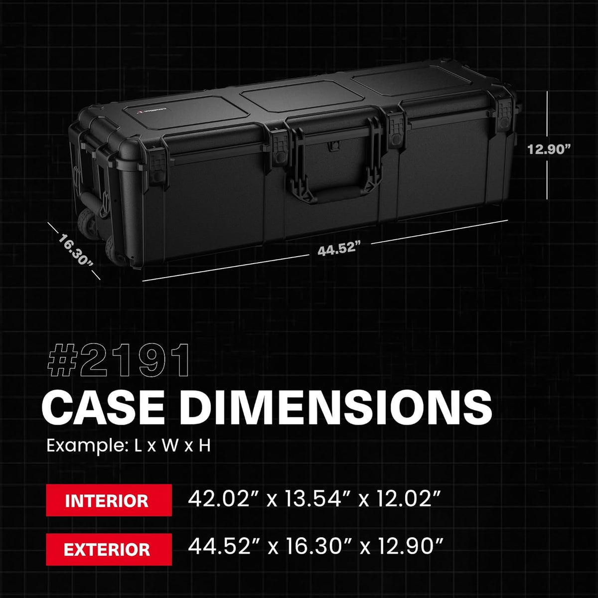 Condition 1 45" Long Hard Shell Carrying Case Model 2191 with Wheels, Waterproof, Protective, Storage for Music Equipment, Camera, Travel Case, Made in USA, 44.52"x16.30"x12.90" Black
