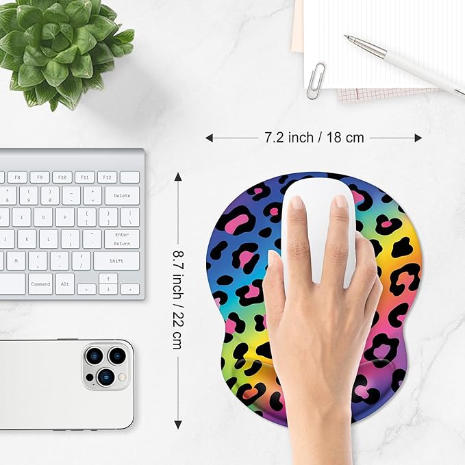 ITNRSIIET Ergonomic Mouse Pad with Comfort Gel Wrist Rest, Non-Slip PU Base, Smooth Textured Surface, Reduces Hand Fatigue & Wrist Pain, 8.7 x 7.2 Inch for Office Gaming Home, RainbowLeopard