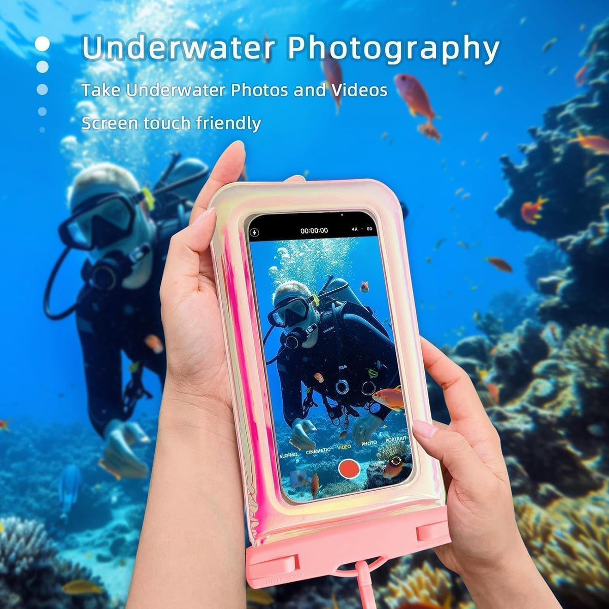 Floatable Waterproof Phone Pouch Case for iPhone 16 Pro Max/15/14/13/12, IP68 Travel Cellphone Dry Bag, Beach Cruise Ship Essentials Bags with Crossbody Lanyard, Iridescent Pink 1 Pack