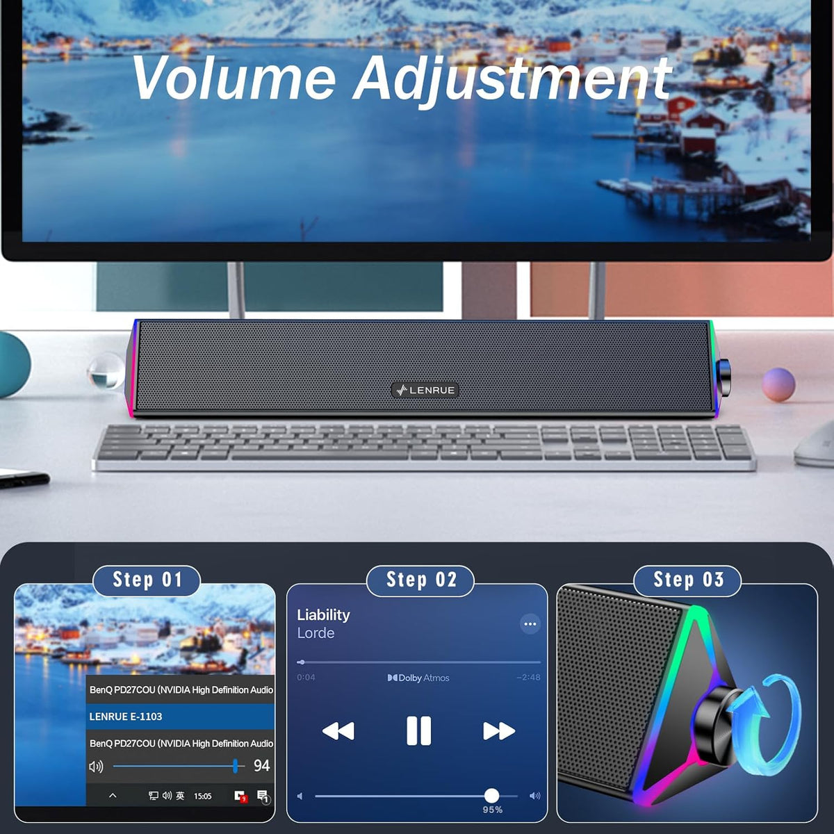 LENRUE Computer Speakers for Desktop,PC Speakers with Single USB for Power and Stereo Sound,Touch Lights Gaming Speakers Sound bar for Desktop PC Monitor Laptop(USB-C Adapter Included)