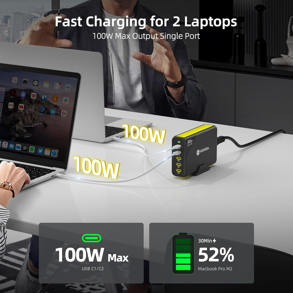 HUNDA 300W USB C Charger GaN Charging Station Desktop 5 Ports PD 100W Fast Power Adapter Support PD3.0 /PPS 45W /QC5 for MacBook Pro/Air, iPhone 15 Pro,Samsung,HP,Dell etc