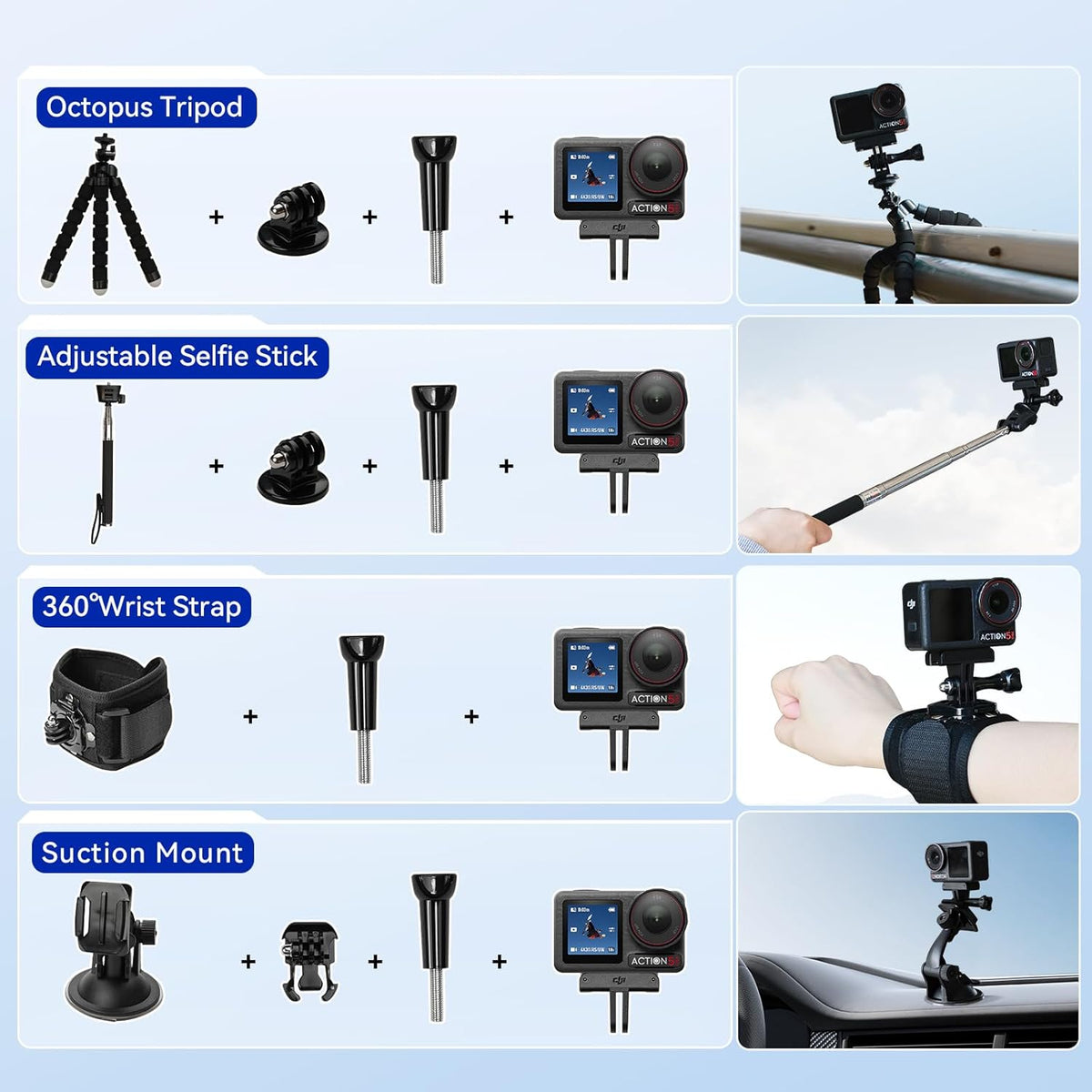 DJI Osmo Action 5 Pro Standard Combo,with 58 Piece Accessory Kit and 2 Extra Batteries + 64GB Card - Waterproof Action Camera with 1/1.3" Sensor, 4K/120fps Video, Action Camera 4K Ideal for Sports