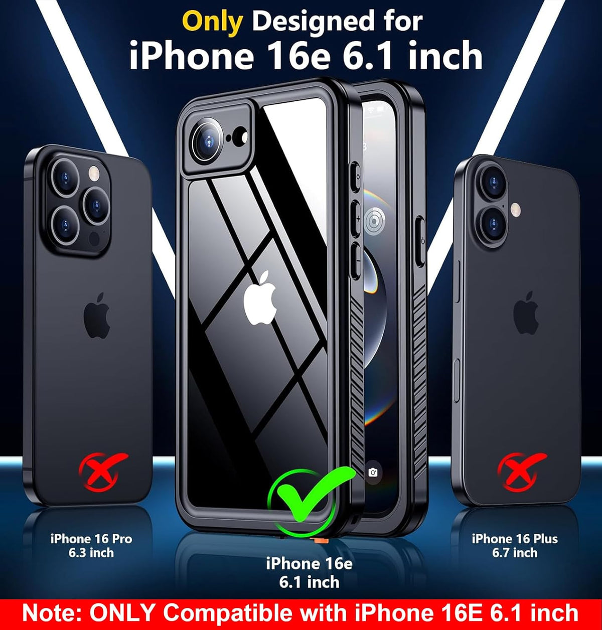 SPIDERCASE for iPhone 16e Case Waterproof,Built-in Screen & Camera Lens Protector[IP68 Underwater] Full Body Protection Phone Case for iPhone 16e 6.1'', Black/Clear