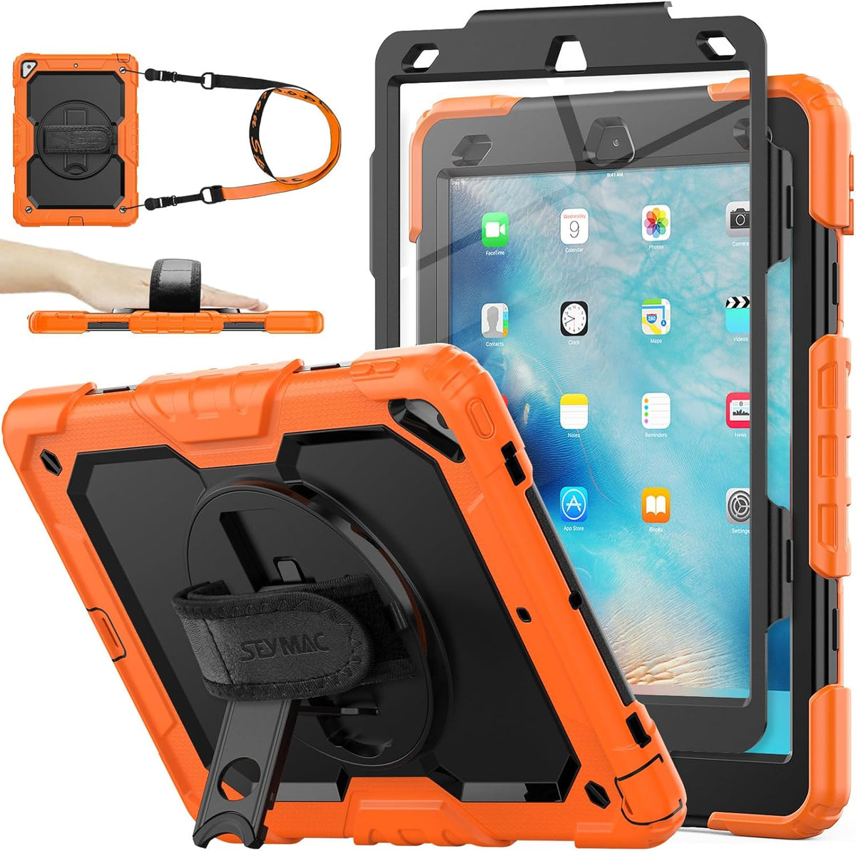 SEYMAC stock Case for iPad Air 3 2019 / Pro 10.5'' with Screen Protector Pen Holder [360° Rotate Hand Strap/Stand], Drop-Proof Case (Black+Orange)