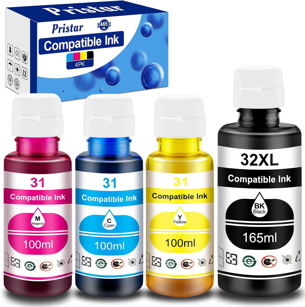Pristar Compatible with HP 31 32XL Ink Bottle Set Compatible with HP Smart Tank 7301 7001 7602 5000 6001 5101 5102 5103 Plus 651 551 455 457 450 All-in-One Printer (165 ML 32XL Black Ink 100 ML 31 CMY