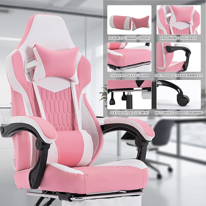 360° Swivel Gaming Chair for Adults with Retractable Footrest Ergonomic Video Game Chair with Headrest and Lumbar Support Height Adjustable Computer Chairs for Office or Gaming Pink