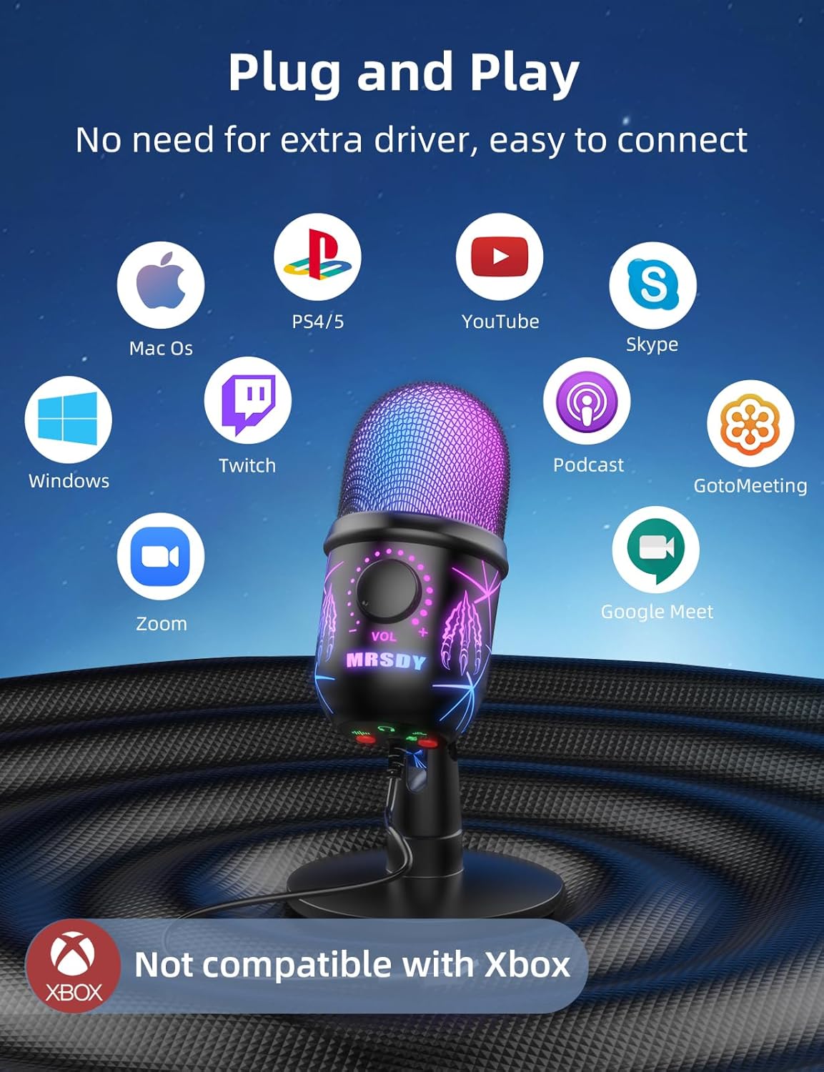 USB Gaming Microphone for PC, Mac, PS4, PS5, Computer Mic with Noise Reduction, Monitor, Mute and RGB, Great for Recording, Streaming, Podcasting