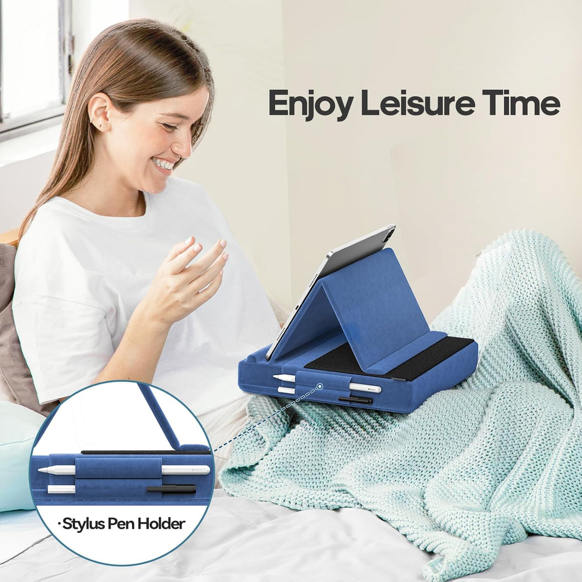 KDD Tablet Pillow Stand, Multi-Angle Viewing Ipad Holder for Lap, Bed and Desk, Foldable Soft Pad Dock with Stylus Mount Compatible with Ipad Pro 12.9, 10.5, 11, Air, Mini, Phones, Books, E-Reader