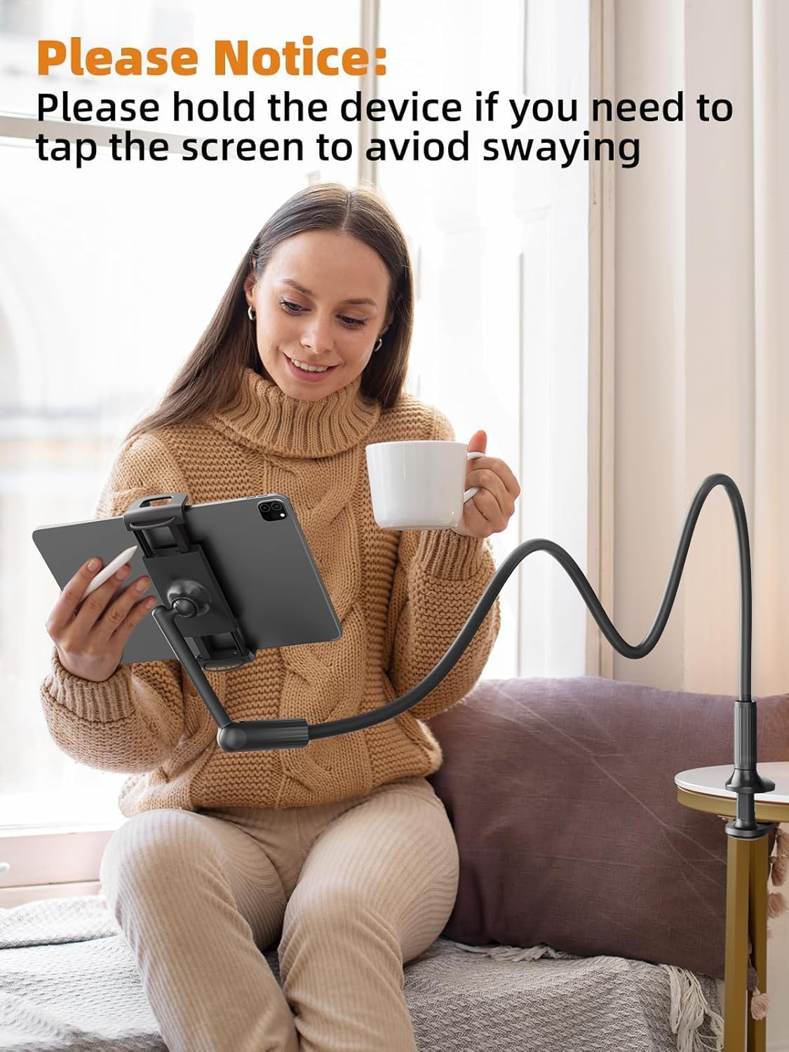 SAIJI 47" Gooseneck Kindle Holder, Tablet Holder for Bed with Upgraded Base, iPad Stand with Flexible Lazy Arm, Compatible with iPad/iPhone/Kindle/Switch or Other 4.7-13" Device (Black)