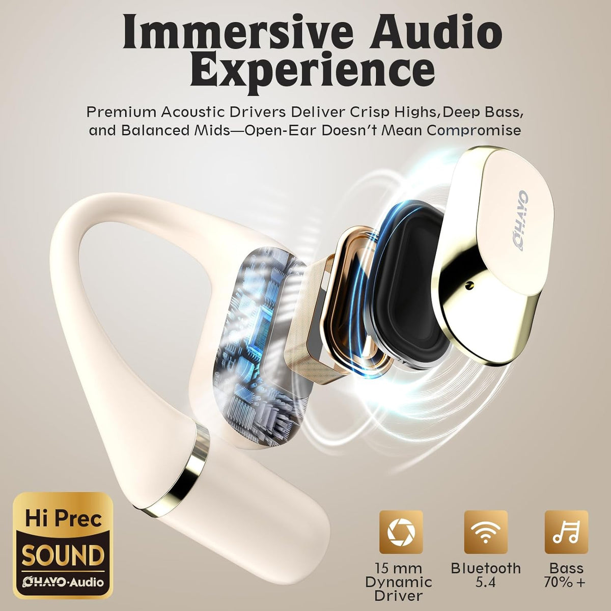 OHAYO Open Ear Headphones,Earbuds with Ergonomic Earhook,Bluetooth Headphones 5.4 with Smart Digital Display,40H Playtime,IPX6 Waterproof,Touch Control Earphones Fit Cycling,Running,Workout(Beige)