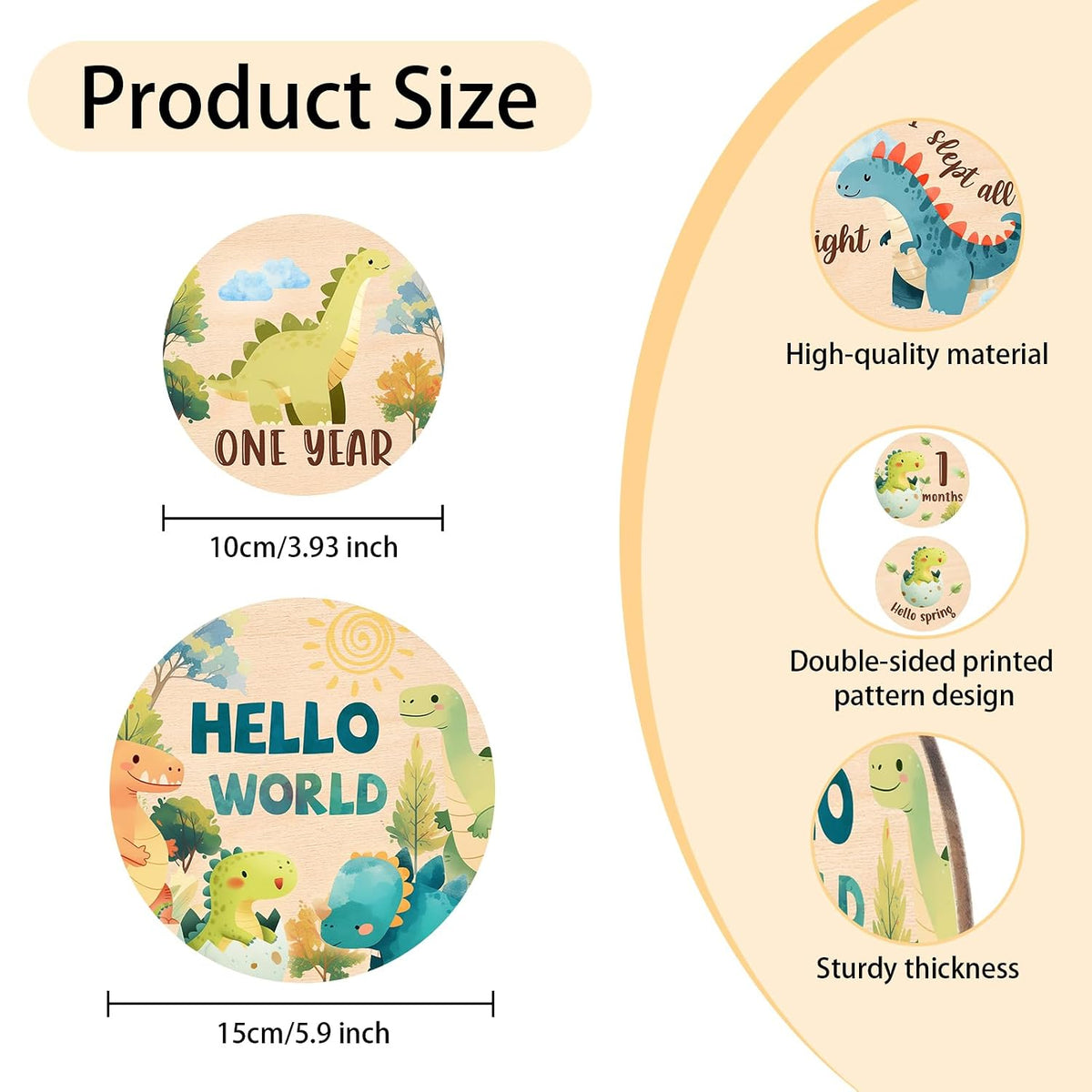 13Pcs Set Baby Monthly Milestone Cards Sign - Double Sided Dinosaur Milestone Cards, Dino Pattern Wooden Circles Discs
