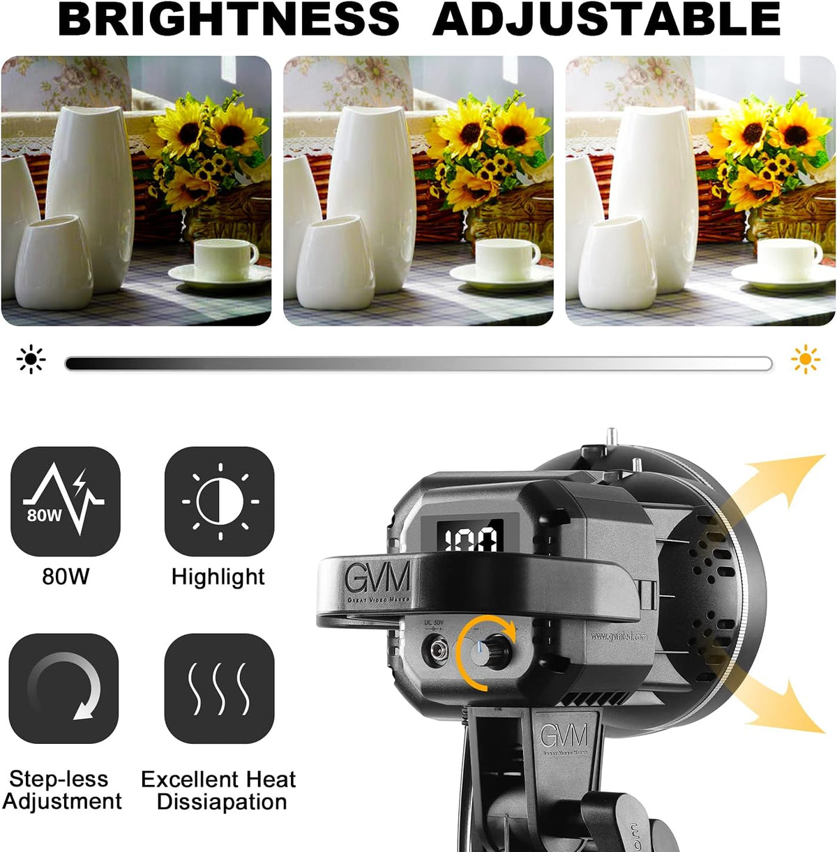 GVM Great Video Maker 80W CRI97+ Video Lights with Bowens Mount Color Temperature 5600K Dimmable LED Continuous Lighting Spotlight Photography Shooting Light with Reflector (80W + Filter) (VC-P80S)