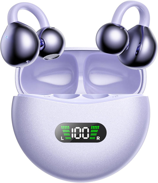 ABCDONG 5.4 Wireless Earbuds Open Ear Clip On Headphones with LED Digital Display Charging Case Touch Control Bluetooth