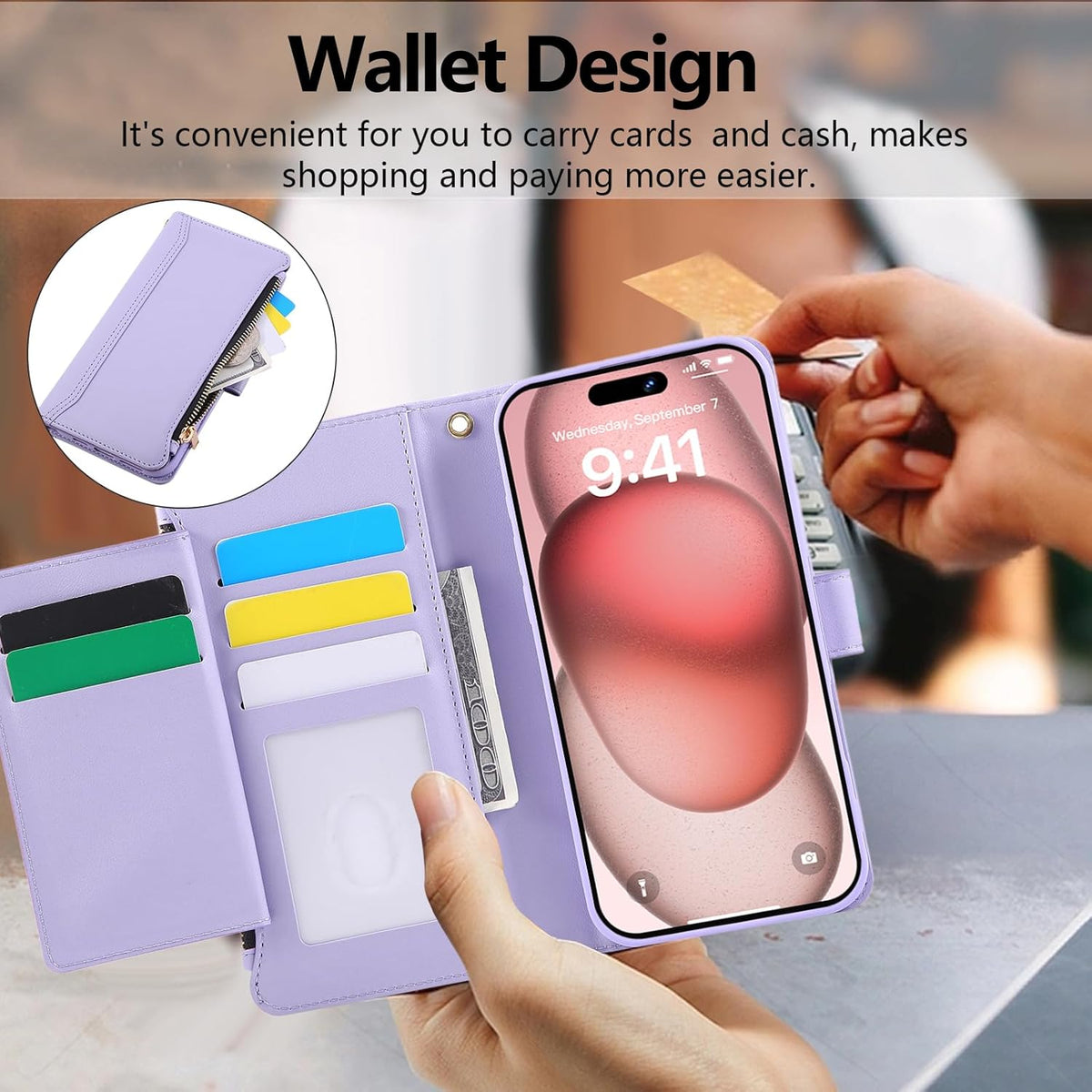 Compatible with iPhone 15 Pro Wallet Phone Case-PU Leather Magnetic Flip Cover with Credit Card Slots,Zipper Pocket & Detachable Wrist Strap,Shockproof Design,for Women and Men-Purple