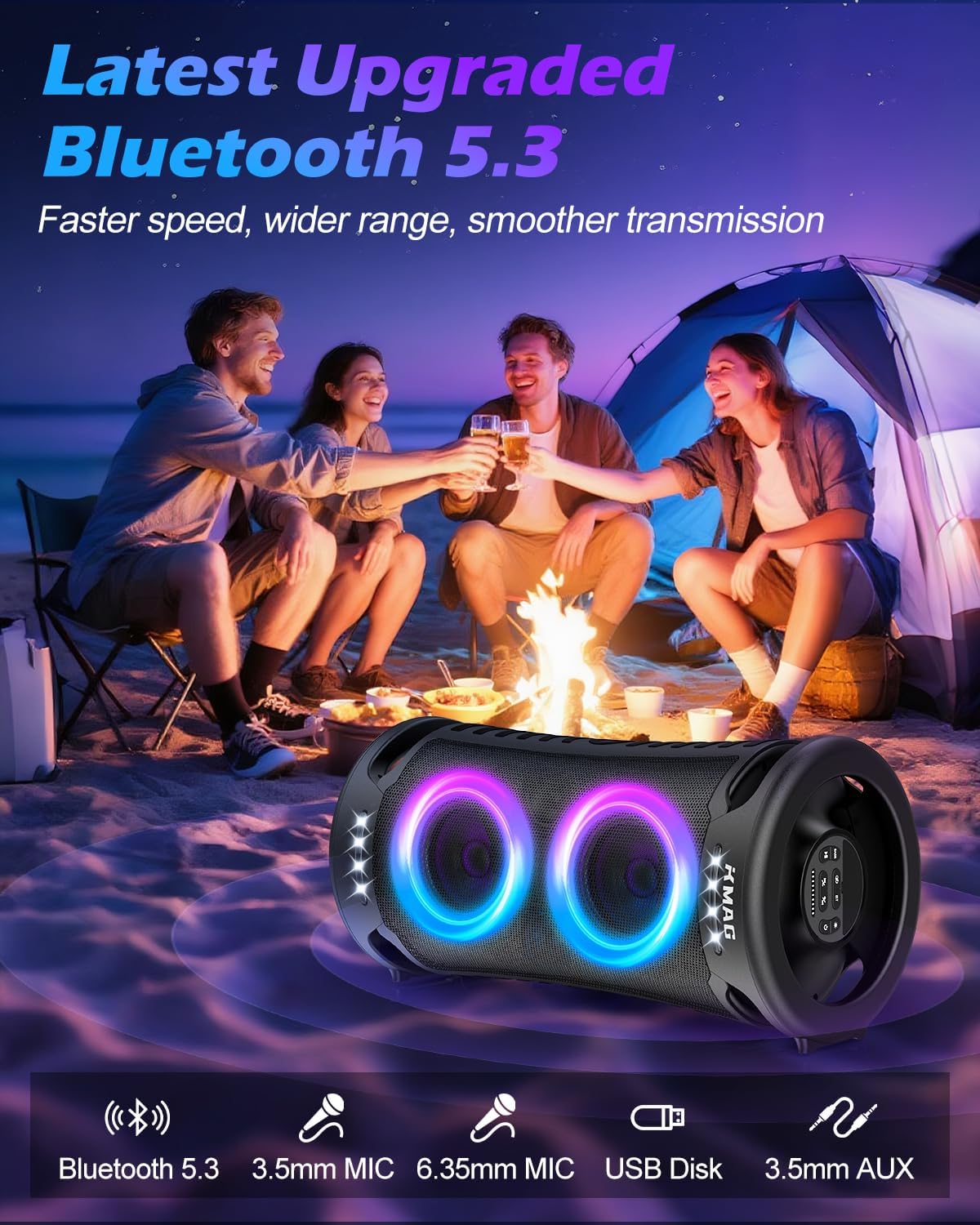Large Bluetooth Speaker, 260W Peak Powerful Loud Sound with Deep Bass, Portable Outdoor Speaker Wireless, 15Hr Playtime, Fast Charge, TWS, Cool Lights for Party, Camping, Beach, Backyard, Home, Work