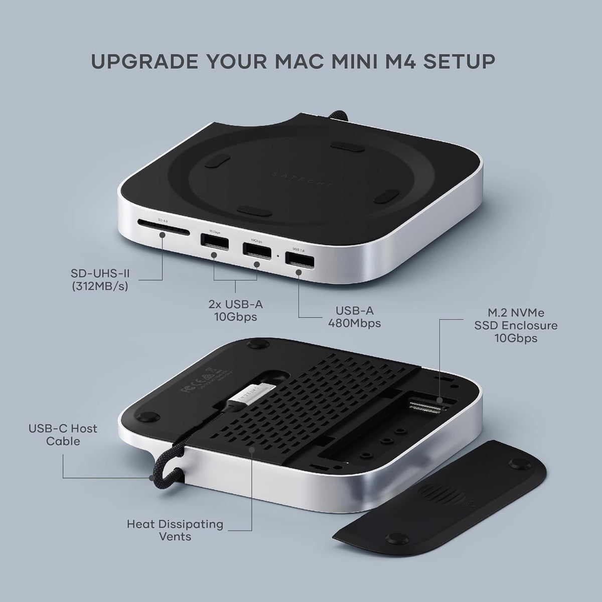 Satechi Mac mini M4 Hub & Stand with NVMe SSD Enclosure, Mac mini M4 Dock with 2xUSB A Up to 10Gbps, USB A Data Port, SD Card Reader for Mac mini M4, Mac mini M4 Pro - Silver