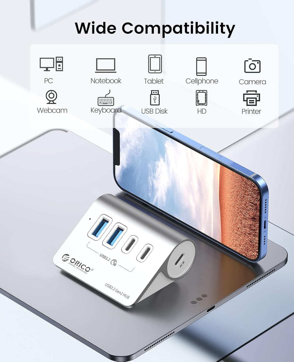 ORICO 4-Port USB 3.2 Gen 2 Hub 10Gbps with 2 USB A +2 USB C, Aluminium Hub with 1.64Ft USB-C Cable and USB-A Adapter USB Splitter for iMac, MacBooks, Mac mini