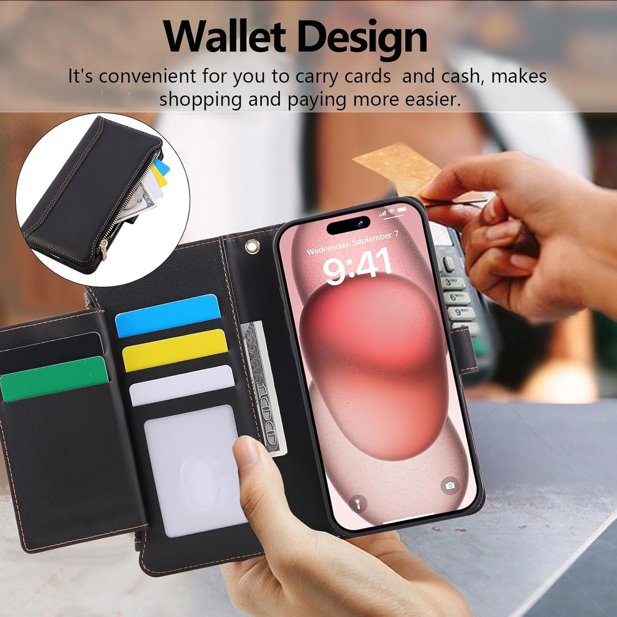 Compatible with iPhone 14 Pro Max Wallet Phone Case-PU Leather Magnetic Flip Cover with Credit Card Slots,Zipper Pocket & Detachable Wrist Strap,Shockproof Design,for Women and Men-Black