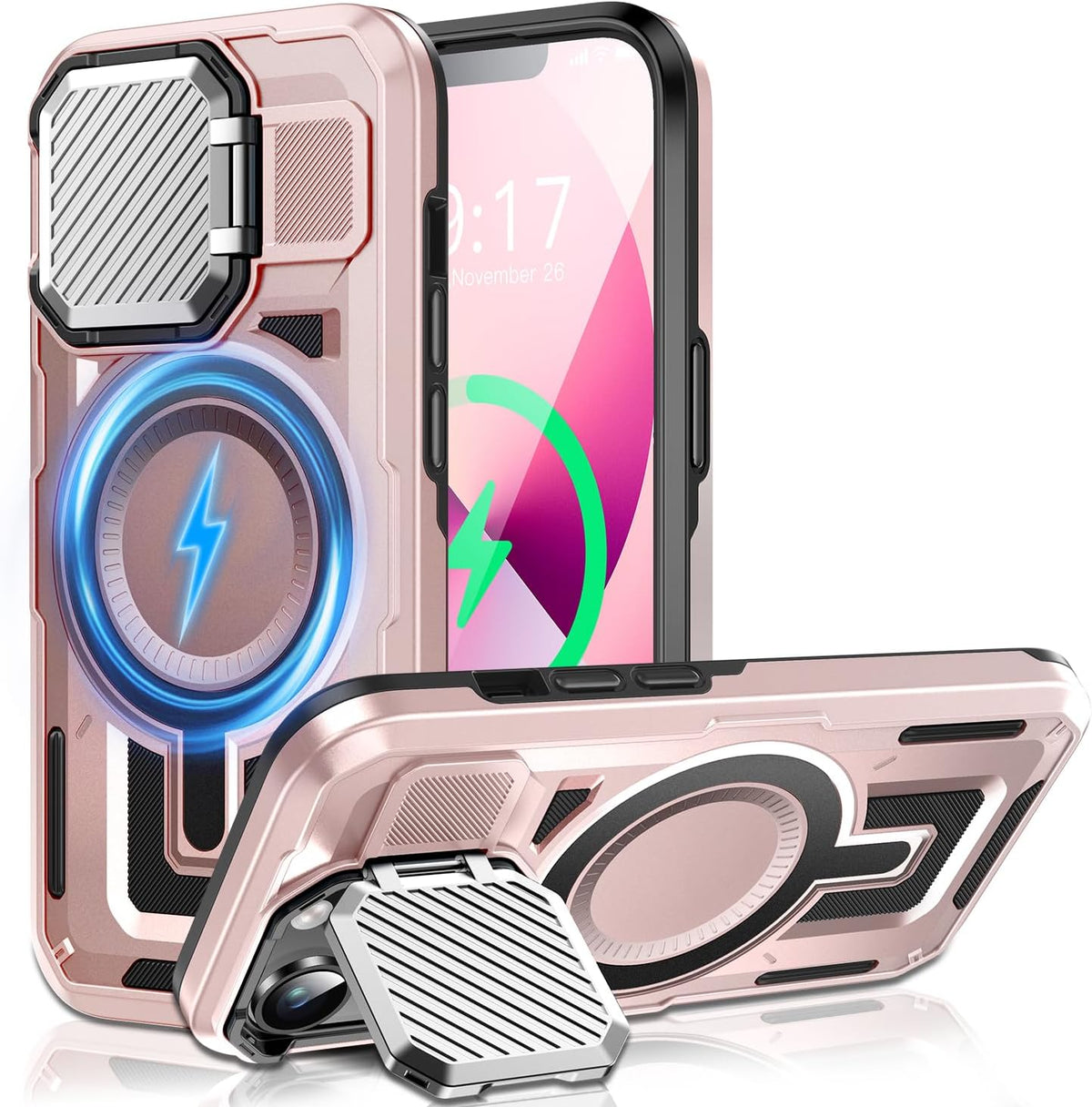 Camera Stand Case for iPhone 13/14, [Compatible with Mag Safe] [Lens Cover] 2024 Version Military Grade Protective Soft Case for iPhone 13/14 6.1 inch Men Women, Pink