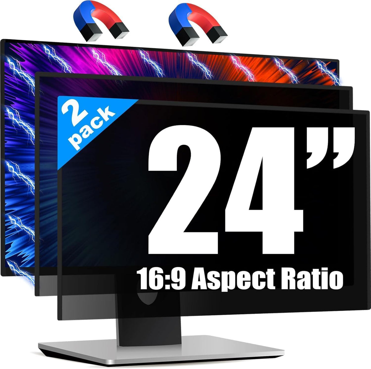 Magnetic 2 Pack Invisible Hidden Design Computer Privacy Screen Filter 24 Inch for Frameless Monitor 16:9 Aspect Ratio, Removable Anti Glare Blue Light Protector, Double Sided Reversible Eye Care Film