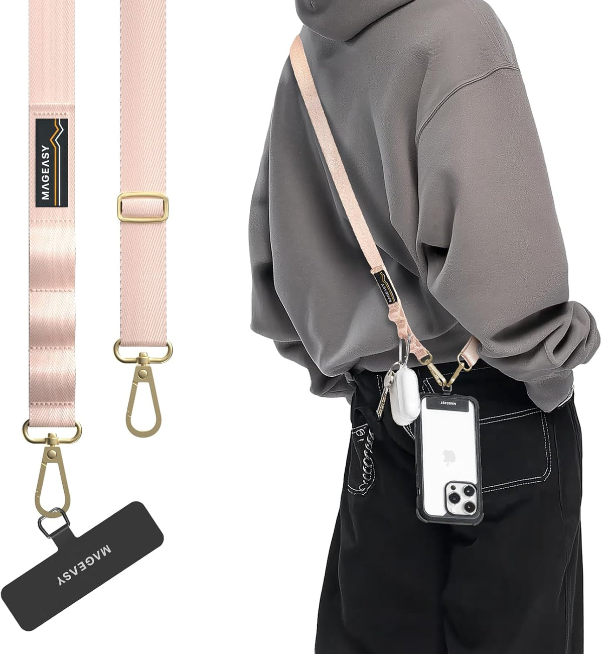 MAGEASY Universal Cell Phone Lanyard Crossbody - Anti-Theft Crossbody Phone Strap for iPhone 16 Pro Max & Most Smartphones, for Men & Women | 20mm (Blossom Pink)