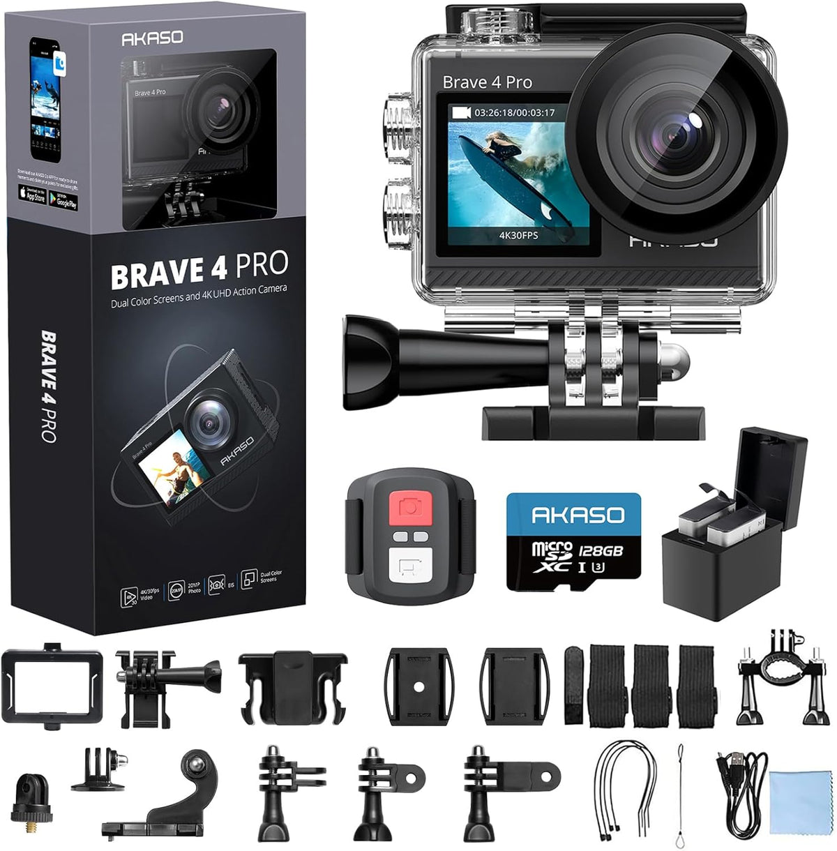 AKASO Brave 4 Pro 4K30 Action Camera with 128GB MicroSD U3 Card, 131FT Underwater Waterproof Camera EIS Touch Screen Remote Control with 2x1350mAh Batteries and Helmet Accessories Kit Bundle