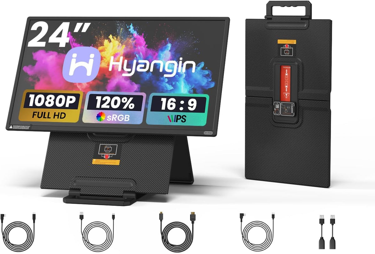 Hyangin 2025 Upgraded 24 Inch Large Portable Monitor for Laptop,1080P FHD 100Hz Portable Screen,120% sRGB IPS Portable Second Monitor with Adjustable Stand for Laptop, MacBook, Phones