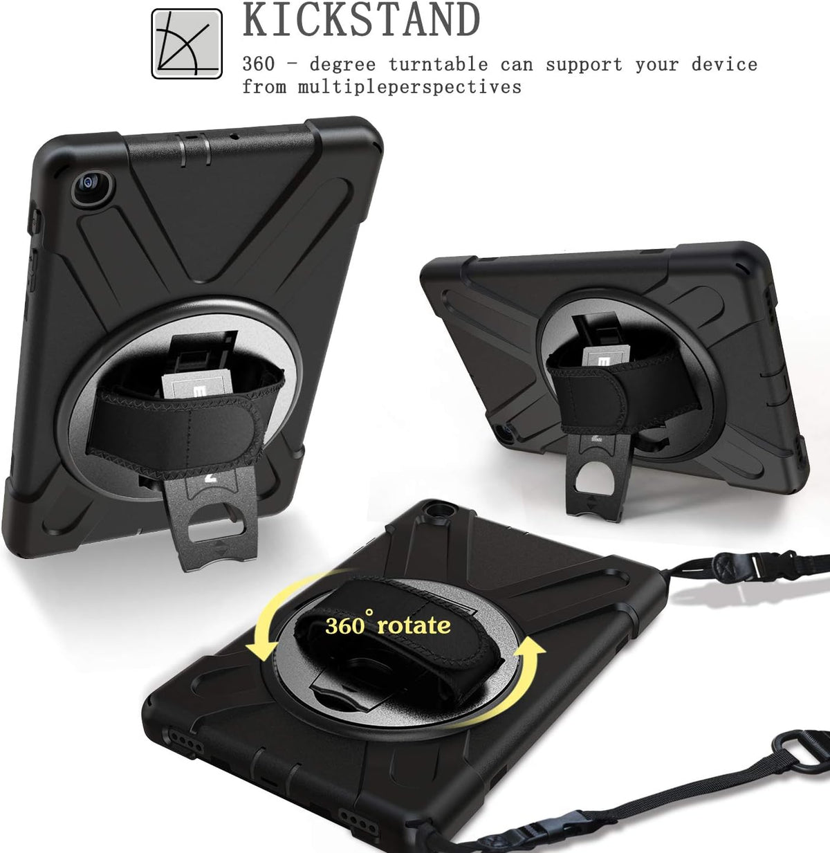 BRAECN for Galaxy Tab A 10.1 2019 Case, Heavy Duty Shockproof Rugged Case with 360 Degree Rotating Hand Strap/Stand and Shoulder Strap for Samsung Tab A 10.1 SM-T510/T515 2019 (Black)